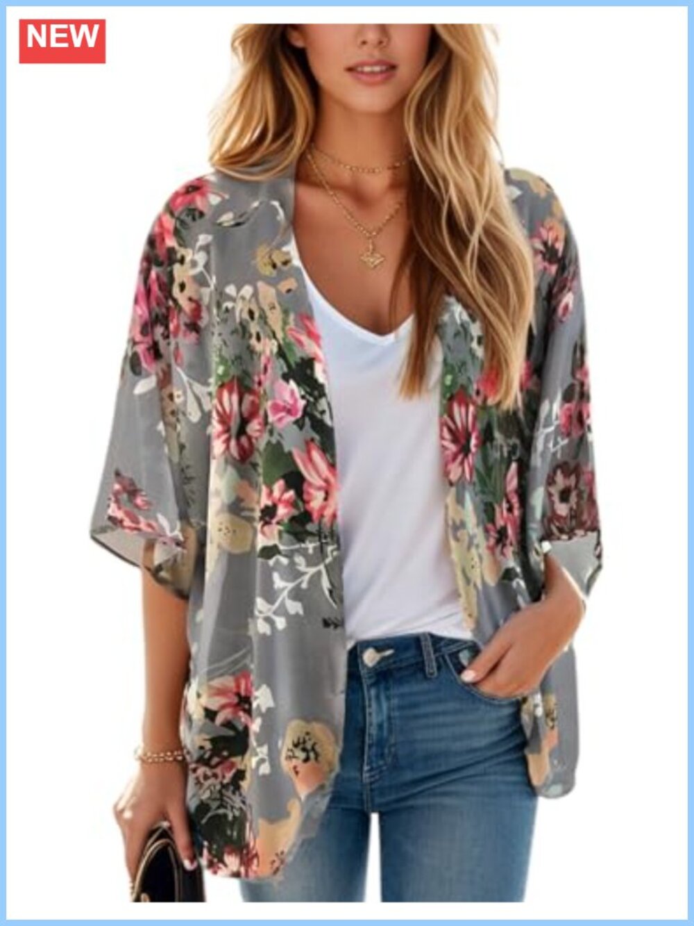 Womens Floral Print Puff Sleeve Kimono Cardigan Cover Up Blouse Top